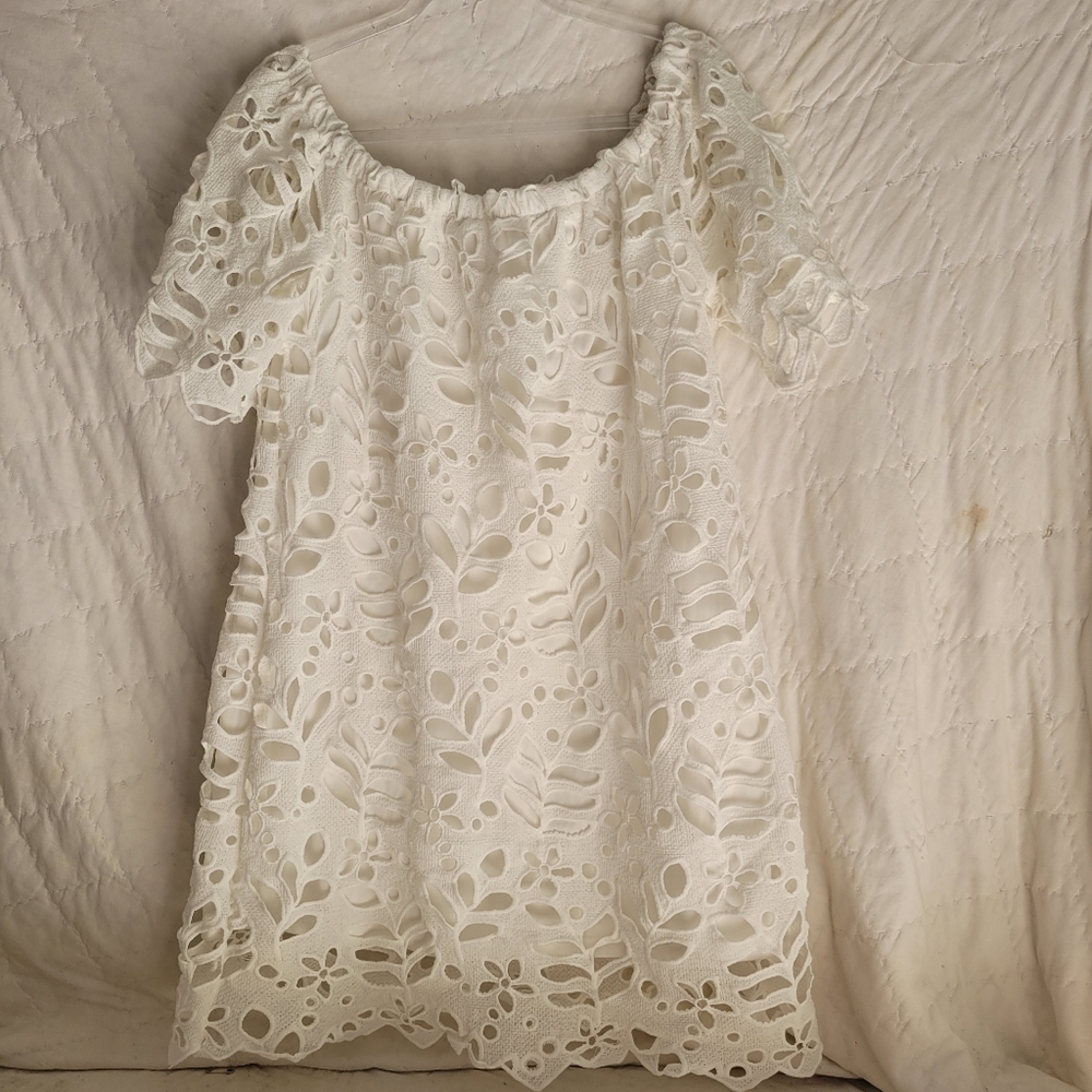 Pretty Garden Womens Dress White Lace Cut Out Leaf Off Shoulder Scalloped Sz XL